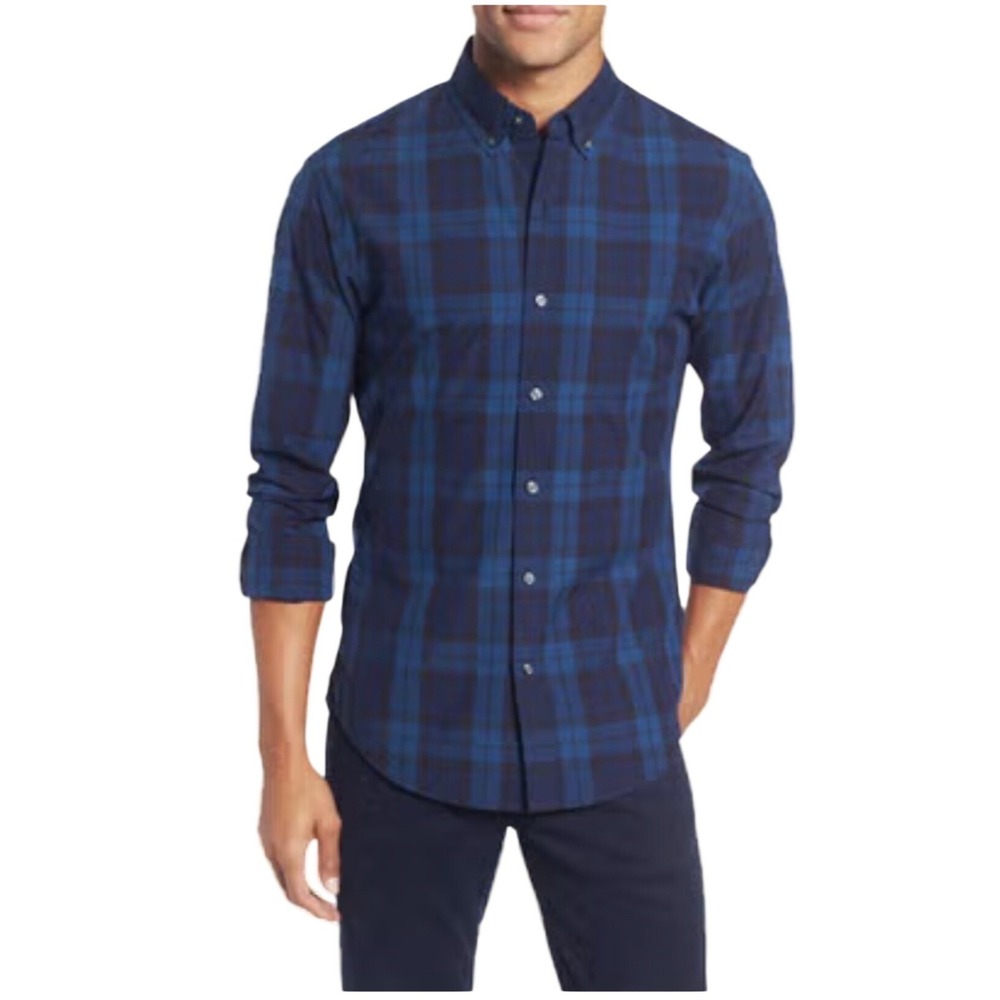 Bonobos Slim Fit Navy Plaid Button Down Shirt Mens XL Preppy Modern Smart Casual